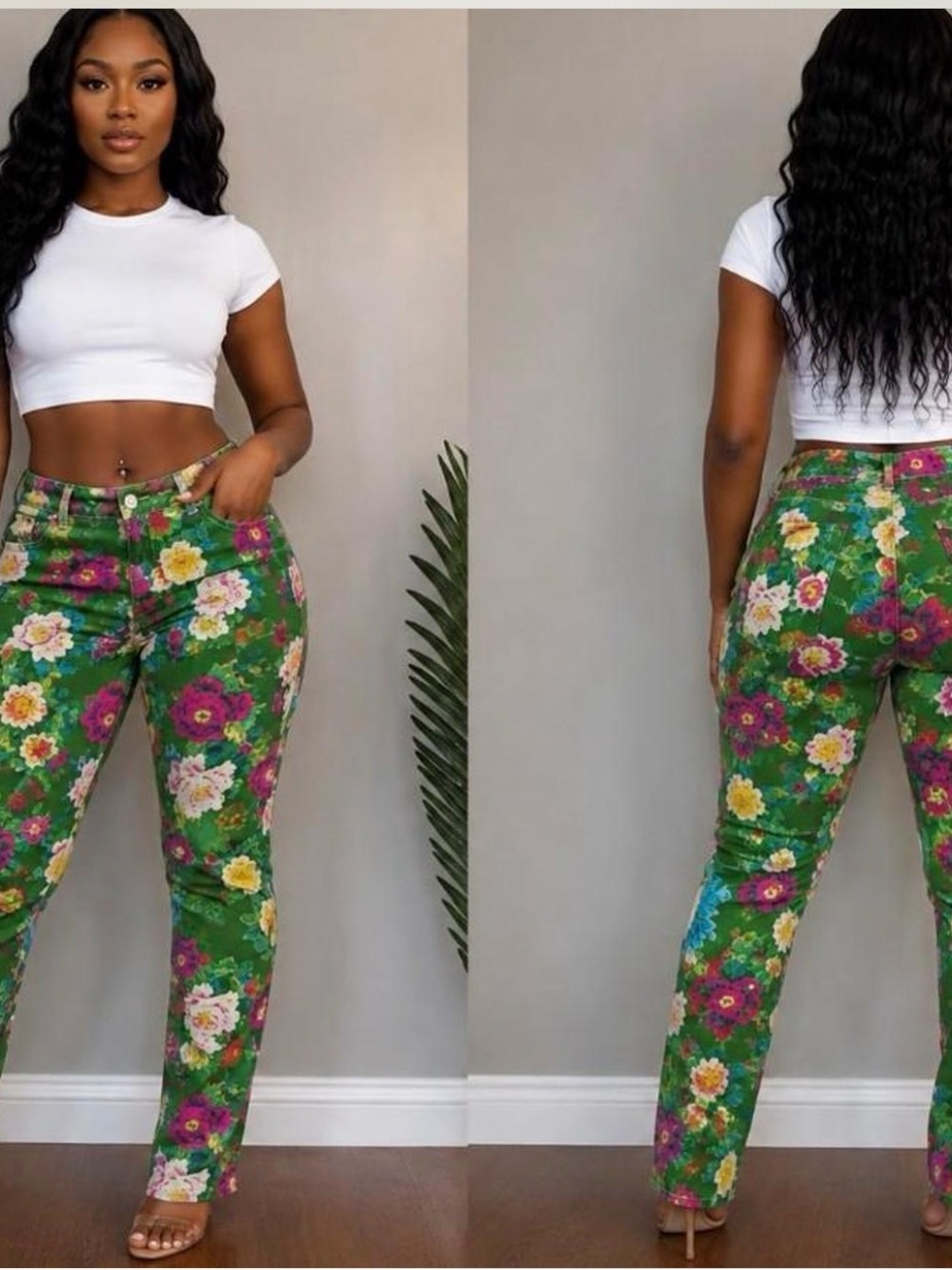 Green Floral High-Rise Ankle Jeans